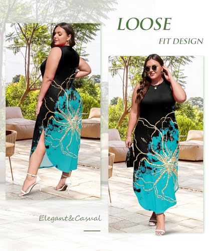 Image of Wolddress Womens 2026 Plus Size Sleeveless Tank Dress Casual Loose Sundress Split Summer Beach Long Maxi Dresses with Pockets