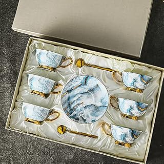 cakunmik Gold Trim Ceramic Tea Cups Set,Bone China Coffee Cups And Saucers, European Style Porcelain Tea Set Afternoon Tea Set Gift Box Packaging,E