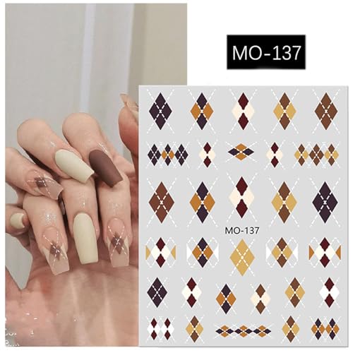 Square Nail Stickers Diamond Grid Decals for Nail Art Brown Chessboard Nail Art Design 5D Embossed Daily Nails Supplies Black Grid Nails Art Accessories for Women Winter DIY Manicure Decoration 3 Pcs