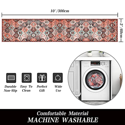 Boho Hallway Runner Rug 10Ft - Non-Slip Washable Hallway Runner Rug, Distressed Vintage Faux Wool Soft Fuzzy Rug, Long Ultra Soft Kitchen Runner Rug, Boho Chic Floral Medallion Design (Red, 2X10Ft) #TOP6