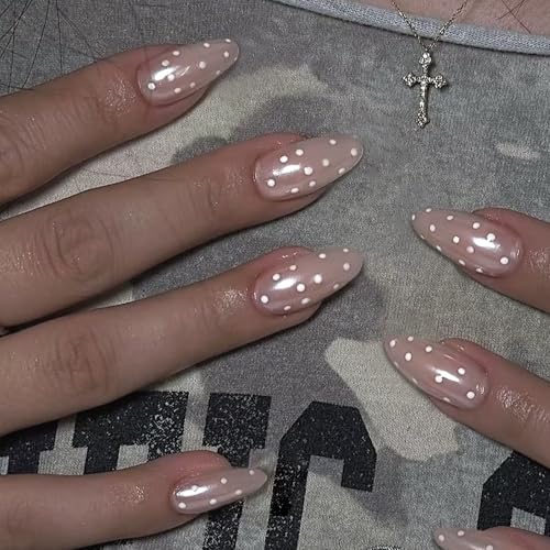 HOSAILY Chrome Polka Dot Press on Nails Medium Almond, 30pcs Handmade Nude Pink Glaze Aurora Fake Nails with Iridescent Shimmer Design, Glossy Elegant Pretty Daily Wear Valentine Press ons for Women