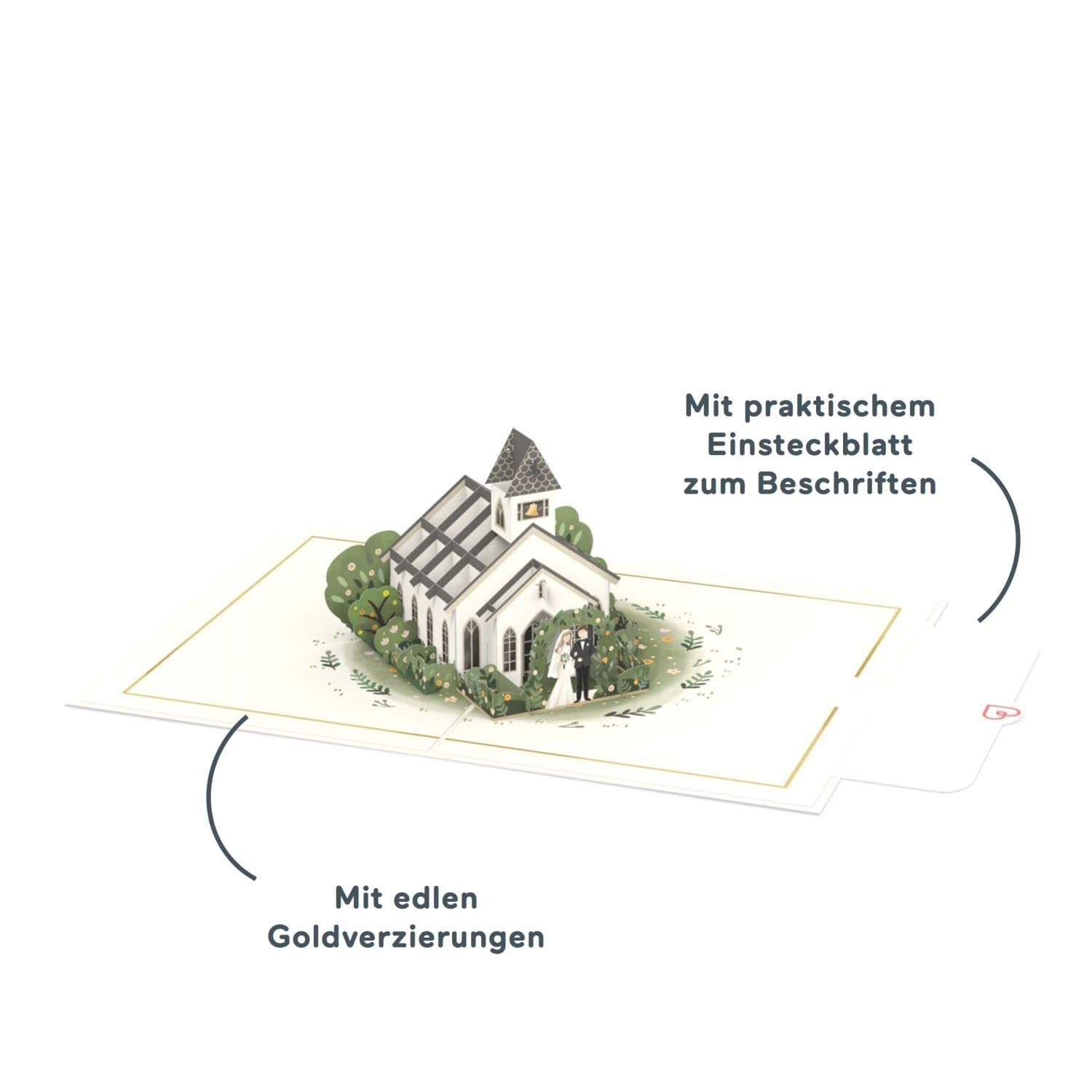 papercrush® Kartka ślubna pop-up 3D z parą młodą i kościołem, elegancka i oryginalna kartka z życzeniami na ślub i ceremonię religijną, prezent pieniężny na podróż ślubną