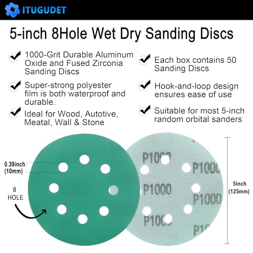 Image of 5 Inch 8 Hole 1000 Grit Zirconia Alumina Hook & Loop Sanding Discs, Heavy-Duty Polyester Film Backing, Wet /Dry Anti-Clog for Random Orbital Sanders - Wood, Automotive, Metal - 50 Pack