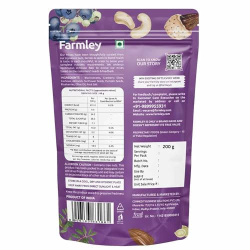 Image of Farmley Trail Mix,160g,each | 7 Superfood in 1 Mixes | Dry Fruits Contains Almonds, Cashews, Blueberries, Blackcurrant, Pumpkin & Sunflower Seeds Pack of 2