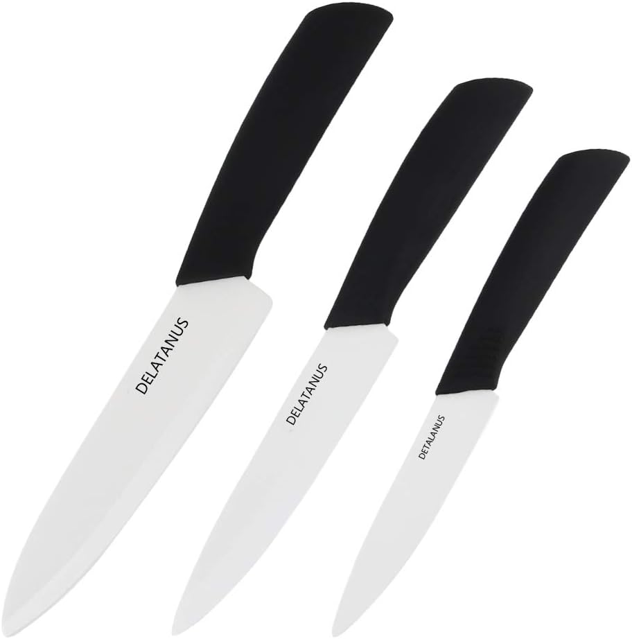 Ceramic Knife Set 3-Piece with Knife Sheaths,Porcelain Knives(Includes 6-inch Chef's Knife,5-inch Utility Knife and 4-inch Fruit Paring Knife,White Blade,Black Handle)