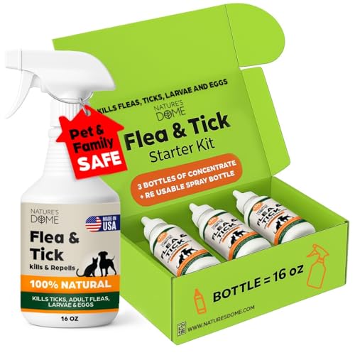 Nature’s Dome Flea & Tick Starter Kit – Makes 3 Bottles (16 oz Each) – Plant-Based, Eco-Friendly Formula – Kills & Repels Fleas, Ticks, Larvae & Eggs – Safe for Pets, Kids & Plants