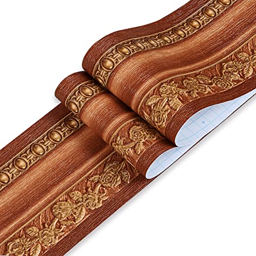 Jz·home 102 Wallpaper Border Peel And Stick 3D Pattern Embossed Rose Floral Wall Border 4.2" X16.4Ft Brown Self Adhesive Crown Molding Easy To Apply Bathroom Kitchen Backsplash Door Border Decor #TOP22
