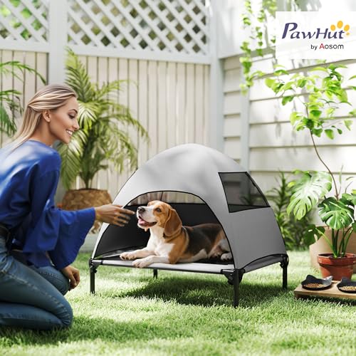 PawHut Hundeliege Outdoor mit Dach, Erhöhtes Hundebett für Mittelgroße Hunde, Kühlendes Haustierliege mit Waschbares Mesh Stahlrahmen Tragtasche, Haustierbett für Draußen Camping 76x61x71cm, Hellgrau