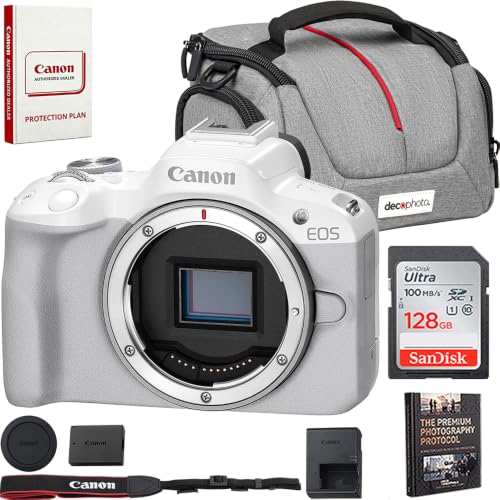 Image of Canon EOS R50 Mirrorless Camera Body Only (White) 5812C002 Bundle with Sandisk 128GB Memory Card, Deco Essentials Camera Bag and Premium Photography Protocol Ebook Digital Download Guide