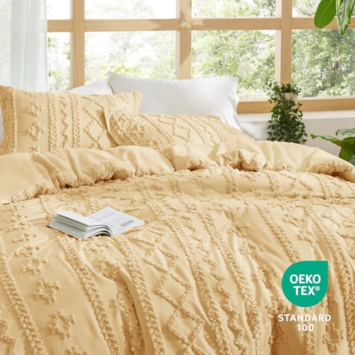 Bedsure Tufted Boho Comforter Set King Size - Yellow Boho Bed Set, GentleSoft™ 3 Pieces Farmhouse Shabby Chic Embroidery Bedding, Gifts for Woman, Soft Jacquard King Comforter for All Seasons
