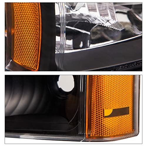M-Auto Headlights Assembly Kit Oe Style Compatible With 03 04 Chevy Silverado 2500/03 04 05 06 Avalanche 1500 2500 | Silverado 1500 1500Hd 2500Hd 3500 2/4-Door, Black Housing Clear Lens Amber Corner #TOP4