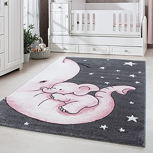 Carpetsale24 Kinderteppich niedliches Elefant Muster Grau und Pink 120 x 170 cm - Kurzflor Teppich...