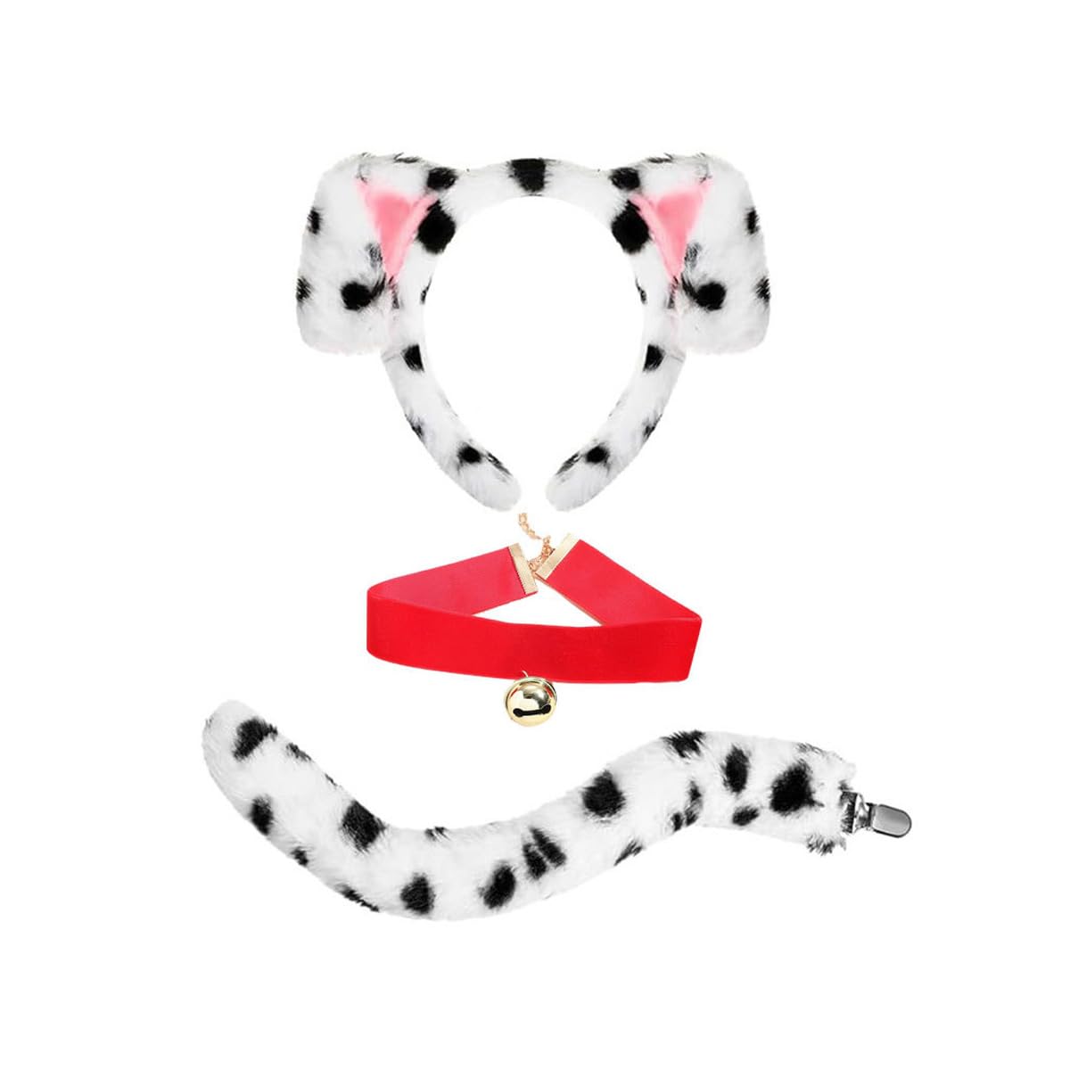 Dalmatian Costume Set of 3 Adult Dog Ears Headband Tail Velvet Collar for Halloween Carnival Party Cosplay