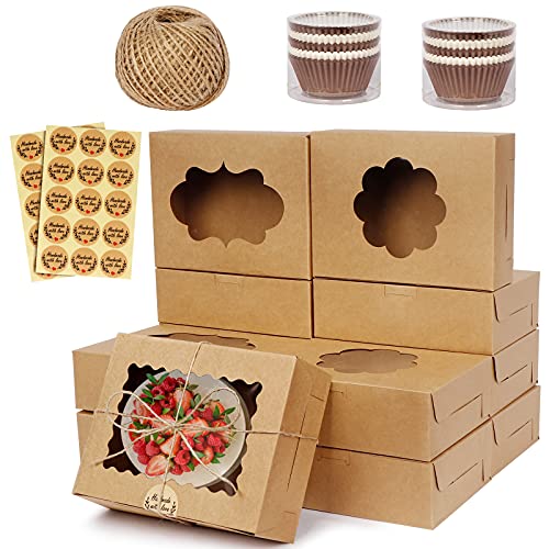 OurWarm 30Pcs Cookie Boxes with Window, 8x6x2.5 Bakery Boxes Pastry Boxes, Kraft Paper Treat Boxes for Strawberries, Cupcakes, Donuts, Includes 200Pcs Cupcake Liners, 30Pcs Stickers and Ribbons