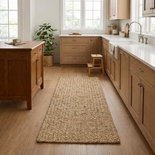Image of Hand-Woven Cotton Braided Rug - Premium Heavyweight Natural Fiber Area Rug, Soft & Durable Rustic Floor Covering for Bedroom, Entryway - (1.5x6 feet, Beige Rectangular)