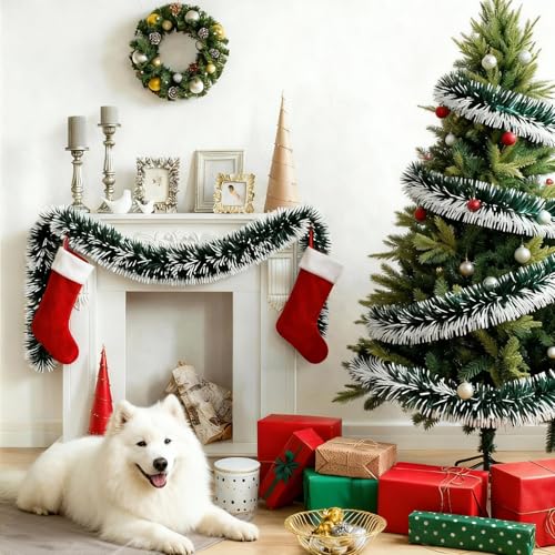 ZZOWDIW 10m Künstliche Weihnachtsgirlande 1 Stück, Extra Lange Flauschige Tannengirlande für Treppe, Haustür & Kamin Indoor Outdoor Weihnachtsdeko in Grün Weiß