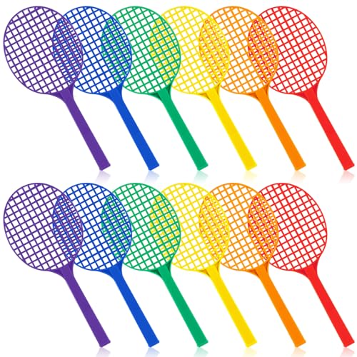 Seenelling 12 Pcs Plastic Tennis Racquets PE Equipment for Elementary School Physical Education Classes Equipment Assorted Colors (18.9 x 8.1 Inches)