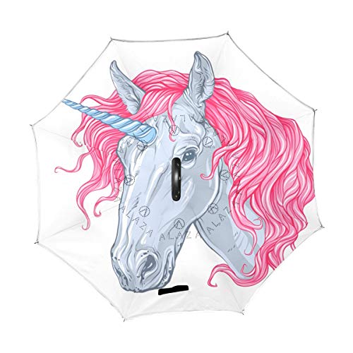 Preisvergleich Produktbild XiangHeFu Doppelschichtiger umgekehrter Regenschirm niedliches Einhorn, rosa Haare, faltbar, Winddicht, UV-Schutz, groß, gerade für Auto mit C-förmigem Griff