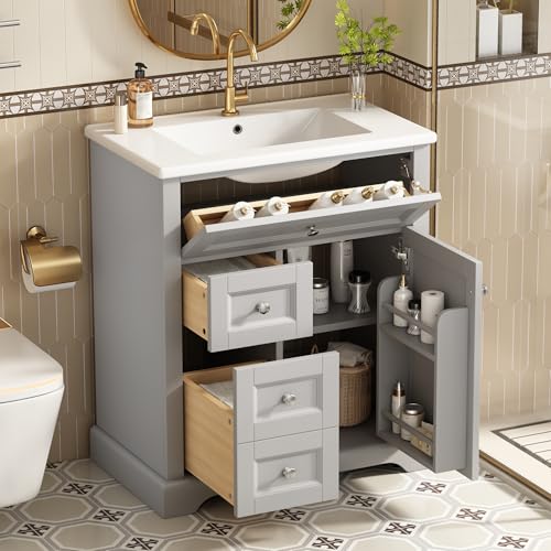 Merax Badezimmerschrank mit Waschbeck, Waschtisch mit 3 Schubladen, 1 usklappbare Schublade, Türregale, verstellbare Ablagefläche, Bodenstehender, Grau, 76x46x87cm