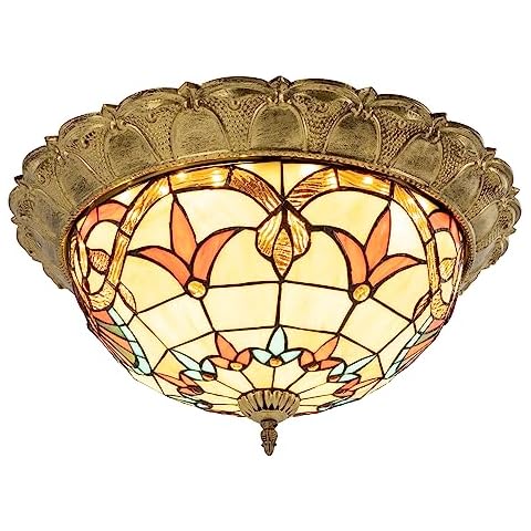 kangten 20.47'' Tiffany Ceiling Light Fixture Flush Mount Retro Handmade Glass Shade Vintage Ceiling Light Warm Light LED Chandelier for Bedroom Living Room Kitchen Entryway Foyer Cover