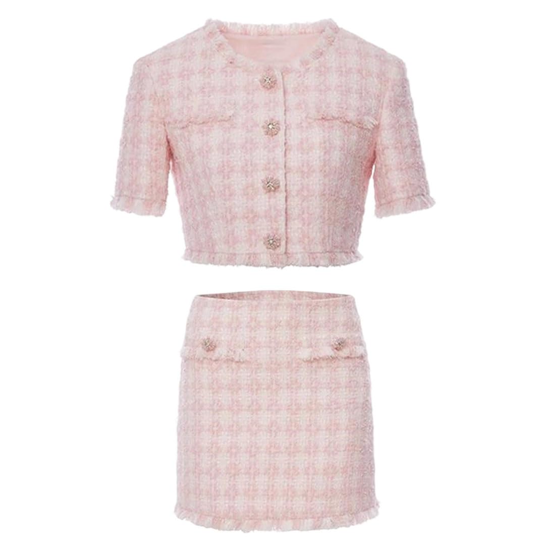 Womens Spring Tweed Jacket Skirt Business 2-Piece Set