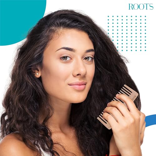 Image of ROOTS Wooden Comb | Wide Teeth | Rounded Teeth prevent Hair & Scalp damage | 100% Natural Wood | Anti-Frizz | For Long, Thick & Dry Hair | For Men & Women | Length - 6.2 Inch, Model No - WD58