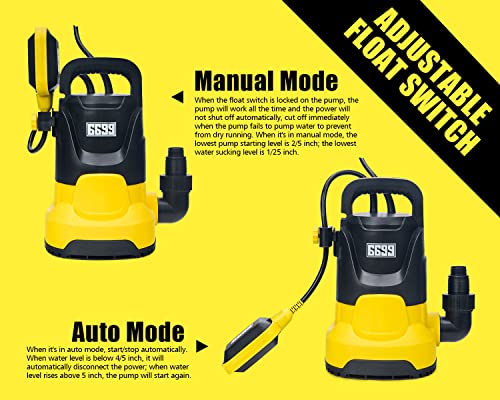 6699 Portable Sump Pump 3/4HP Submersible Water Pump with Adjustable Float Switch & 16FT Long Cable 3000GPH High Flow for Draining Water Down to 1/25in from Pools Ponds Flooded Basement SUB 3000 - Thumbnail 3
