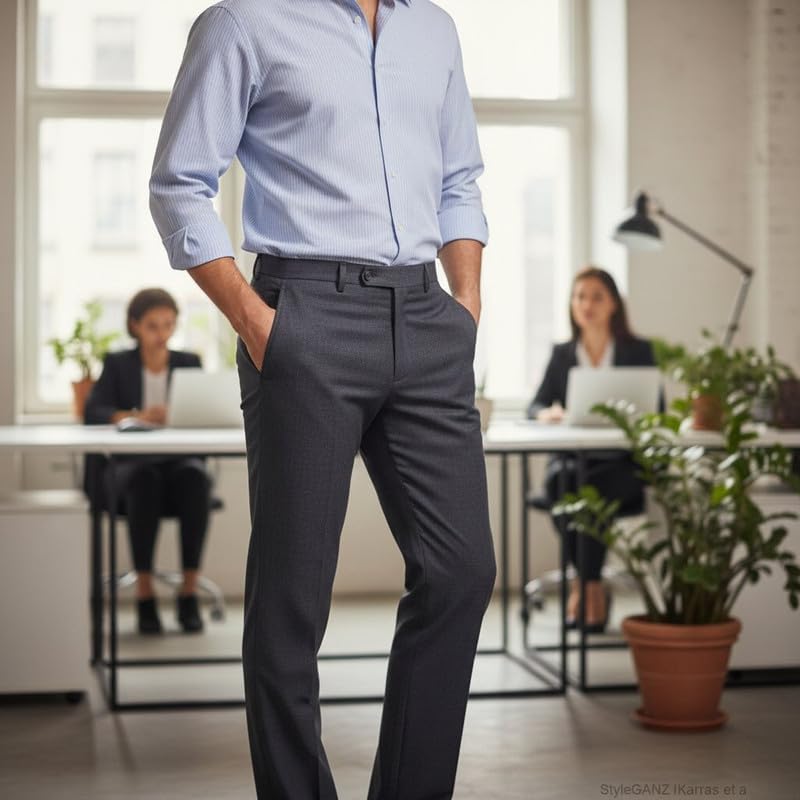 Men's Black Pinstripe Dress Pants with Rear Pockets Tailored Fit for Office Formal Events