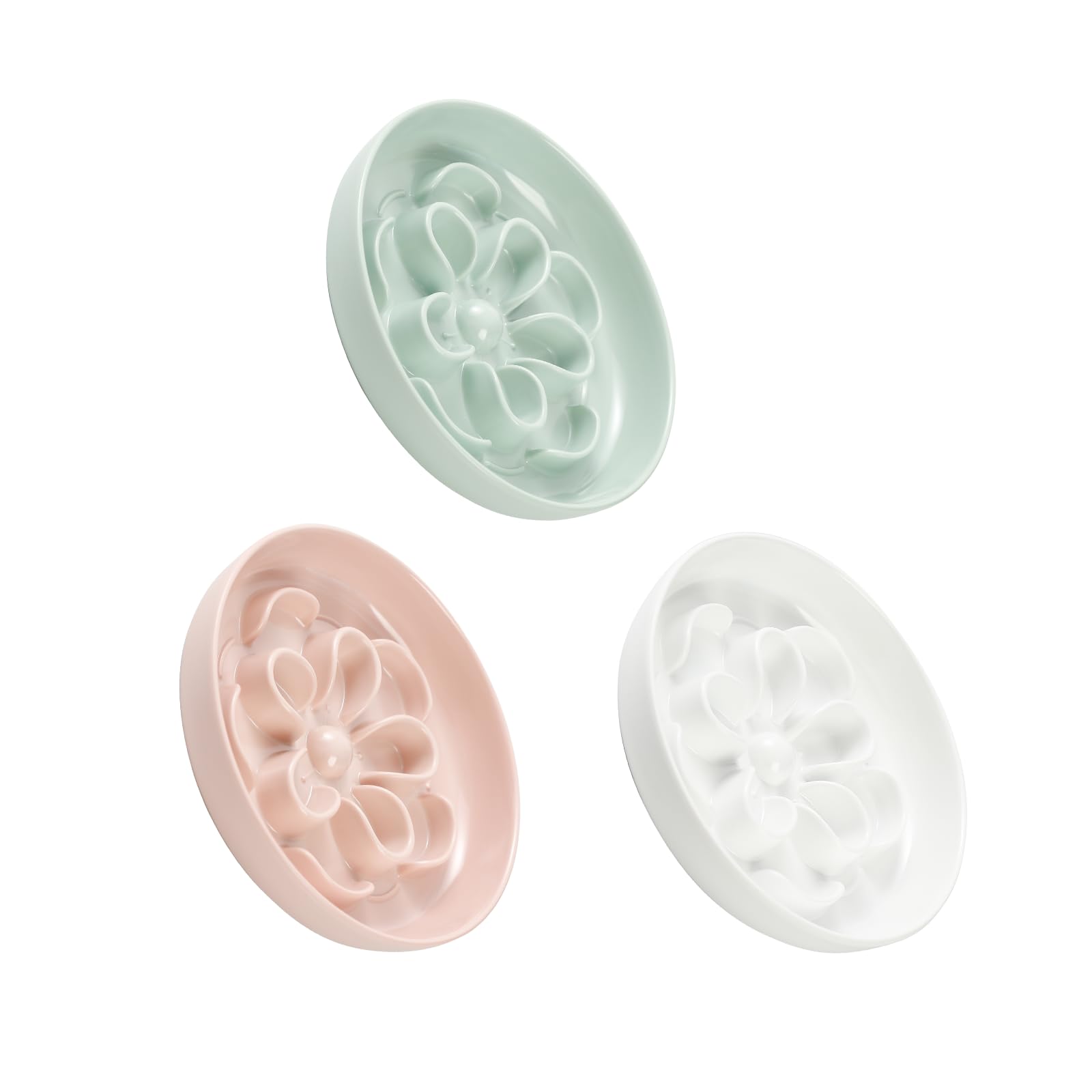 Melamine Cat Slow Feeder Bowl Set - Floral Maze Food Dishes for Cats and Small Dogs - Shallow Wide Plates for Dry & Wet Food - 3 Pack - White & Pink & Green