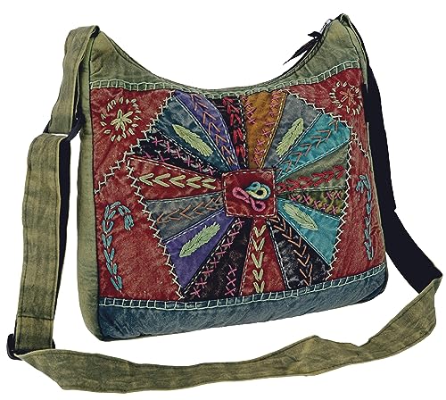 GURU SHOP Bolso de Hombro, Bolso Hippie de Retazos, Bolso Goa - Verde, Unisex - Adultos, Algodón, Tama�o:One Size, 30x30x6 cm, Bolsas de Hombro