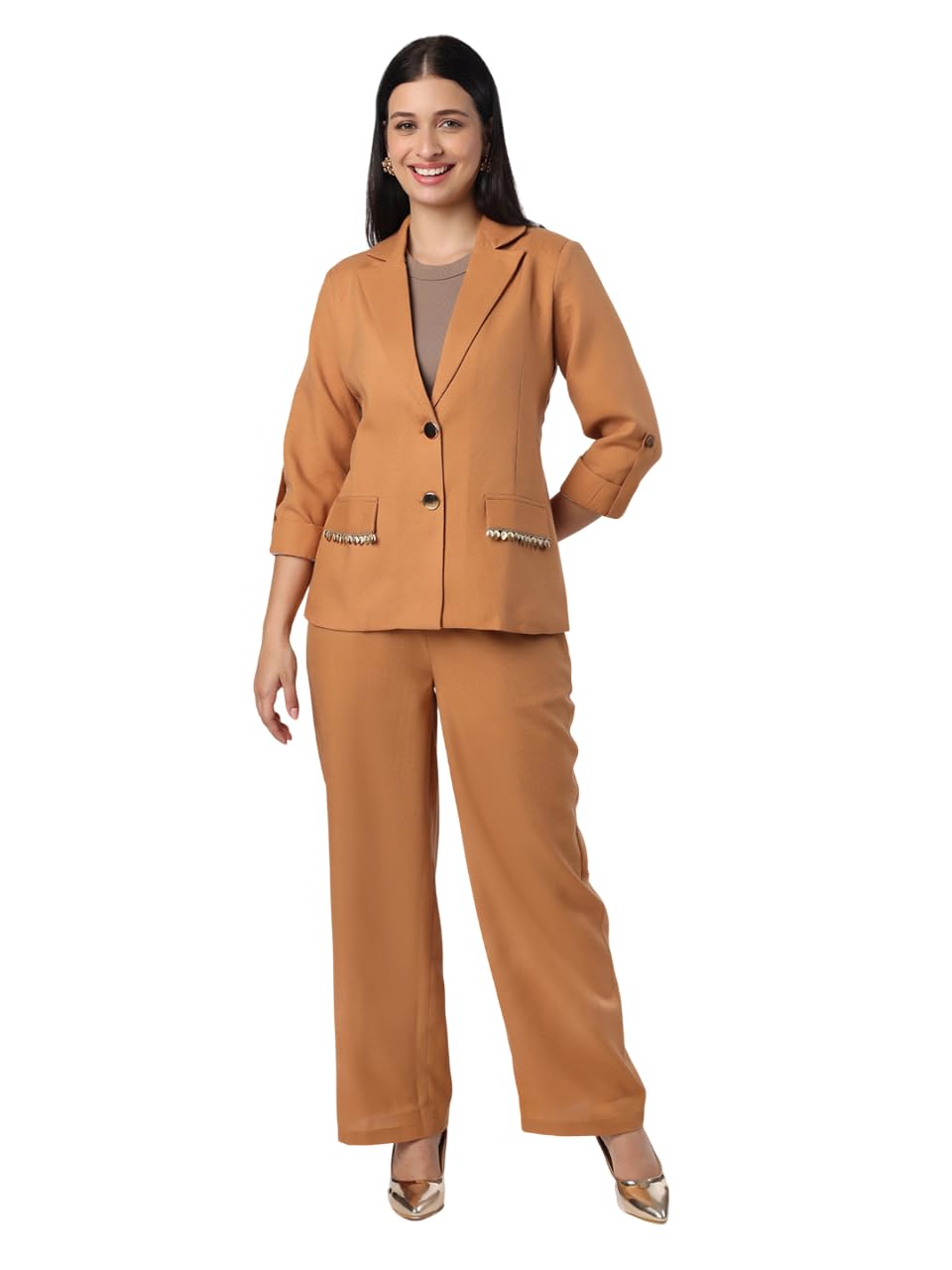 Stylish Womens Polyester Solid Long Sleeves Lapel Collar Regular Fit Co-ord Set | Lightweight & Breathable Fabric | Blazer & Trouser Set-image-20