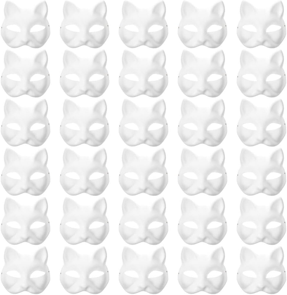 MAELSTROM 30Pcs Cat Mask Base With Strap - Blank to Paint, Therian Halloween Animal Mask for Party Costume