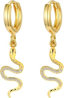 ODHLMFQ ゴールド スモール フープ イヤリング チャーム付き パーソナライズされた スネーク/邪眼/スター/クロス/ロック/キー 18K ゴールドメッキ クリスタル ドロップ ダングルイヤリング 女性用