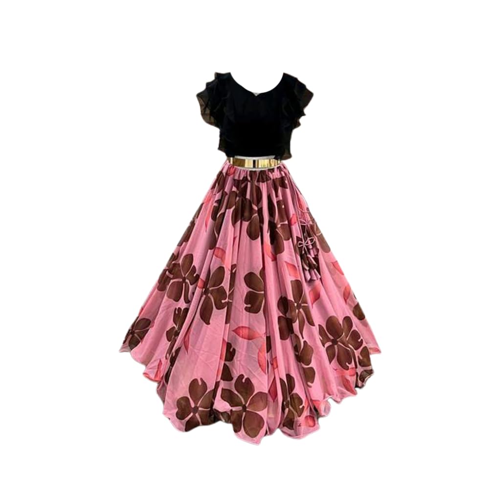 Dibas Women's Regular Fit Georgette Digital Print Short Sleeve Lehenga & Crop Top (362 NIFTY PRPL B-BLK_LP)