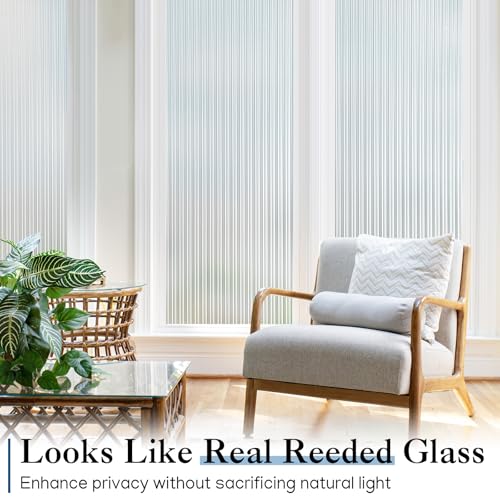 Haton Reeded Glass Window Privacy Film, Frosted Glass Window Film, Static Cling UV Blocking Stickers, Decorative Removable Cover for Bathroom Door Office, Non Adhesive 17.5\" x 78.7\"