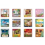 三毛猫ミケの夢日記 綿100% タペストリー 12枚セット 約50cm×50cm 1月から12月柄 日本の四季