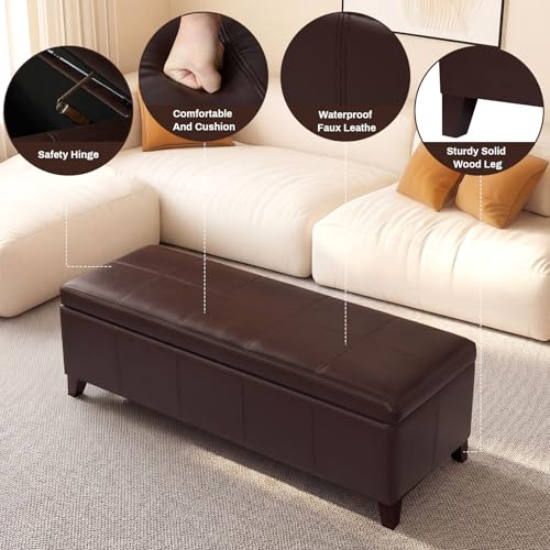Image of Brown Ottoman with Storage 51 inch Faux Leather Storage Ottoman