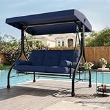 Outdoor Porch Swing with Adjustable Canopy, 3-Seat Patio Swing Chair with Stand, 800LBS Heavy Duty Outdoor Swing for Adults with Cup Holder Tray, Cushion & Pillows, Patio Swings with Canopy for Garden