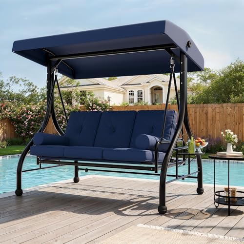 Outdoor Porch Swing with Adjustable Canopy, 3-Seat Patio Swing Chair with Stand, 800LBS Heavy Duty Outdoor Swing for Adults with Cup Holder Tray, Cush