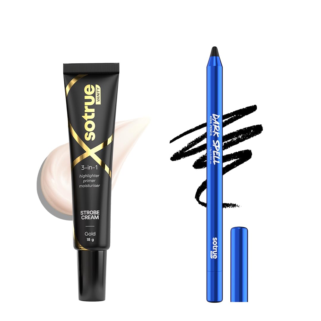 Sotrue Dark Spell Kohl Kajal + Gold Radiance Multipurpose Strobe Cream Combo | 24H Smudgeproof Kajal, Instant Glow | Waterproof Eye Makeup & Hydrating Primer, Highlighter Duo (18g, Gold)-image-46