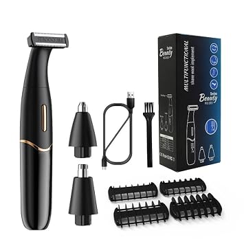Electric Shaver Bikini Trimmer, Wet & Dry Rechargeable Cordless Painless Electric Razor for Women, LED Display Nose Hair Trimmer 3 in 1 Grooming Kit Black