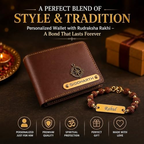 Image of Customized Wallet for Men with Name | Personalized Leather Bifold Wallet with Rakhi | Rakhi Gift for Brother | Premium Gift for Husband, Boyfriend & Brother | Raksha Bandhan