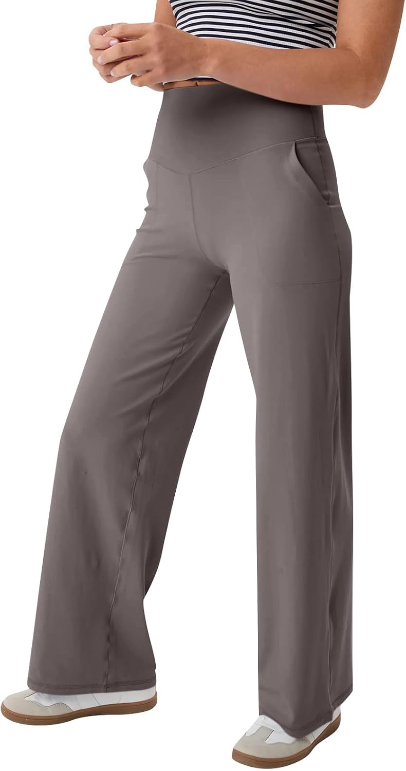 Womens Comfy Wide Leg Pants with Pockets High Waisted Stretchy Breathable Business Casual Dress Bottoms