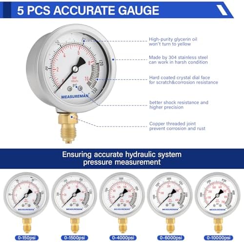 MEASUREMAN Hydraulic Pressure Test Kit, 5 Gauges, 13 Test Couplings, 14 Tee Connectors, 5 Test Hoses, 600bar / 10000psi / 60Mpa, for Excavator and Construction Machinery - 3
