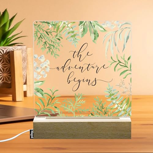 Mugod Green Leaf Floral Night Light The Adventure Begins Inspirational Quotes Decorative Engraved Night Lights Small Table Lamp Wooden Base for Living Room, Dorm, Home Office