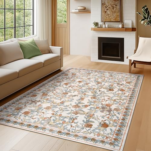 TOPICK Tapis de salon, lavable, à poils courts, rétro, vintage, orange/bleu, romantique, 120 x...