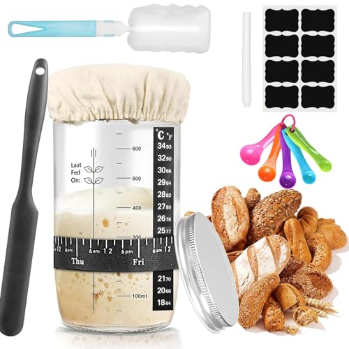 Behiruch Sauerteig Starter Set, 730 ml Fermentierglas, Brot Backen Accessories, Glass Jar, Aluminium Lid, Yeast Cloth, Temperature Band, Dated Feeding, Wiederverwendbares Backzubehör