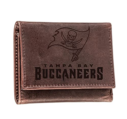 Team Sports America NFL Tampa Bay Buccaneers Brown Wallet | Tri-Fold | Officially Licensed Stamped Logo | Made of Leather | Money and Card Organizer | Gift Box Included