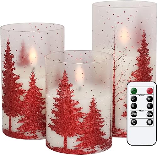 Eldnacele Bougies de sapin de Noël en verre LED vacillantes avec télécommande et minuteur, bougies réalistes à piles 3D avec mèche en cire véritable sans flamme pour la décoration de Noël
