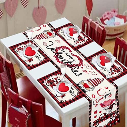 Camino de Mesa y manteles Individuales para el día de San Valentín, 1 Camino de Mesa con Forma de corazón y 4 manteles Individuales de Mesa para San Valentín, Aniversario, Boda, Cena Cover